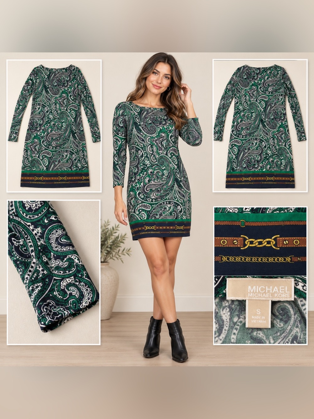 Michael Kors Green Paisley Boatneck Mini Dress with Chain-Print Hem